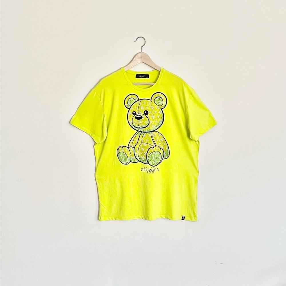 NEW Avenue George V Paris Rhinestone Teddy Bear Neon Yellow T Shirt Men’s 3XL